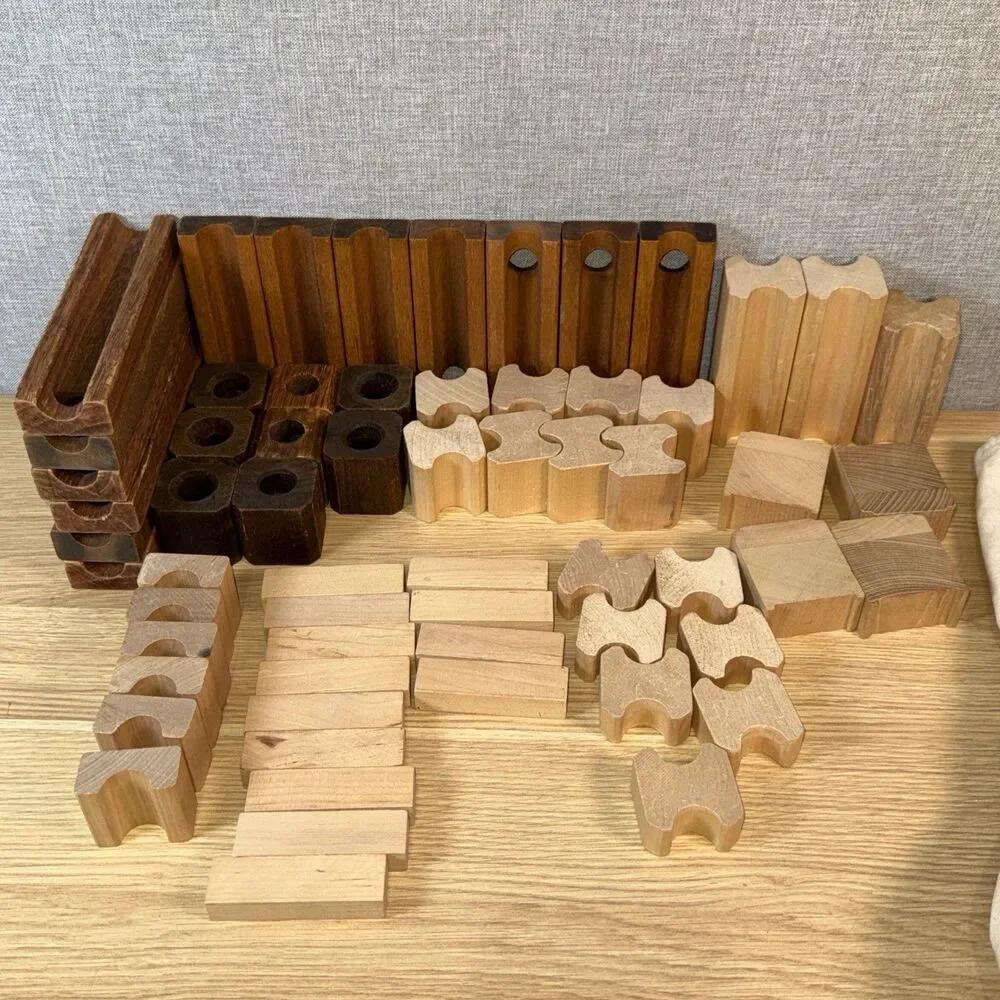 Vintage Amaze-N-Marbles Wooden Marble Maze Run 100% Hardwood 62 Piece Set & Bag